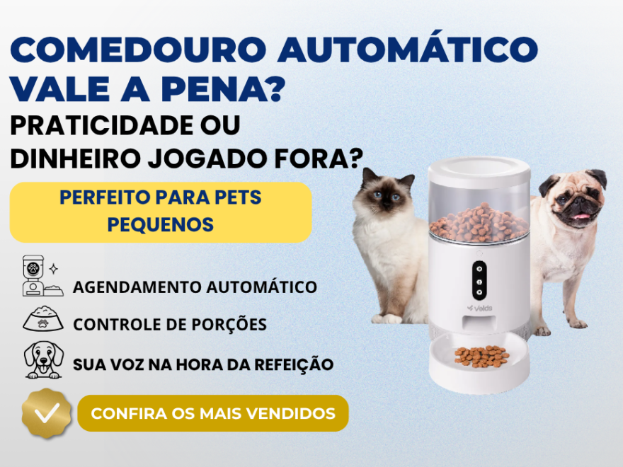 Comedouro automático para pets com controle de porções e agendamento de refeições, ideal para cães e gatos pequenos