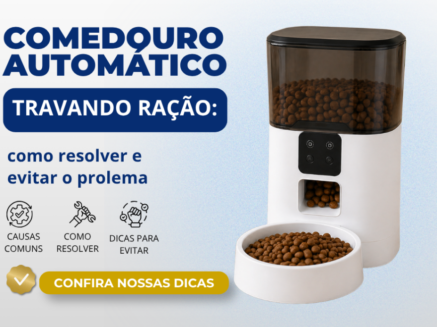 🏷️ Alt da imagem Comedouro automático travando ração com dispenser parcialmente entupido e tigela cheia, ilustrando problema comum e solução