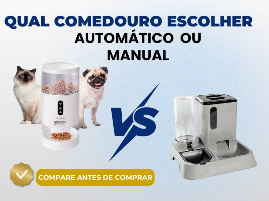 Comparação entre comedouro automático digital e comedouro por gravidade para pets em fundo azul 2026.