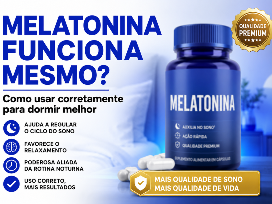 Banner clean sobre melatonina para dormir melhor mostrando suplemento de melatonina em quarto confortável com foco em rotina do sono, relaxamento e noites mais tranquilas