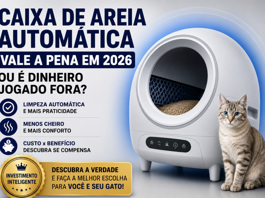 Caixa de areia automática para gatos em 2026 mostrando limpeza automática, menos cheiro e mais praticidade na rotina diária