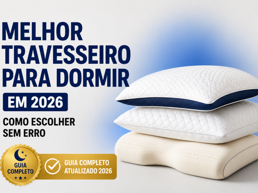 Banner clean sobre melhor travesseiro para dormir melhor em 2026 mostrando travesseiros confortáveis com foco em conforto, alinhamento cervical e noites de sono melhores