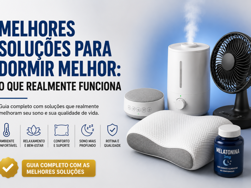 Banner com ventilador, umidificador, travesseiro e melatonina mostrando soluções que ajudam a dormir melhor e melhorar a qualidade do sono