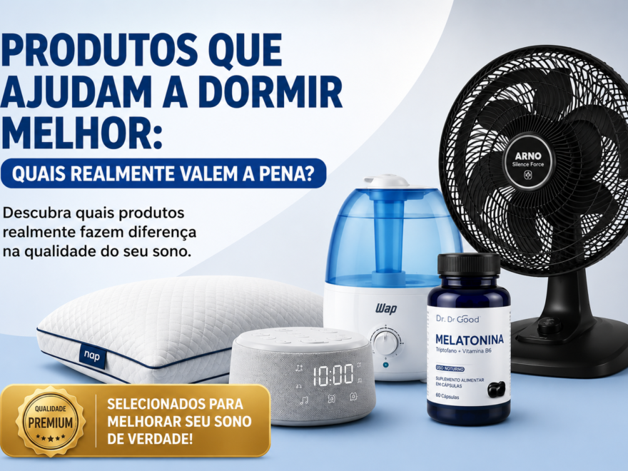 Produtos que ajudam a dormir melhor, incluindo ventilador silencioso, umidificador, melatonina, travesseiro confortável e aparelho de white noise em fundo clean azul e cinza