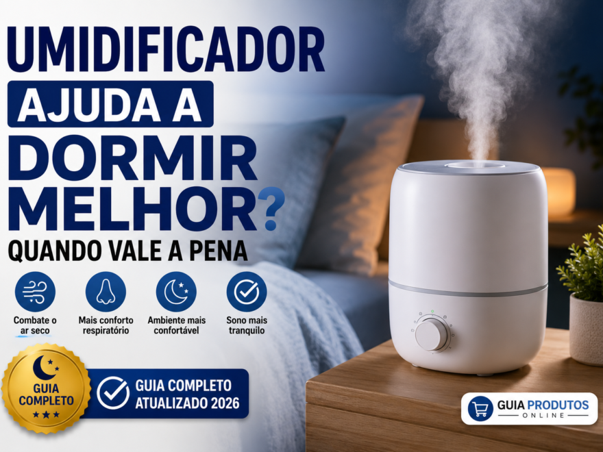 Banner sobre umidificador ajudando a dormir melhor mostrando quarto confortável e umidificador moderno com foco em conforto, ar seco e qualidade do sono