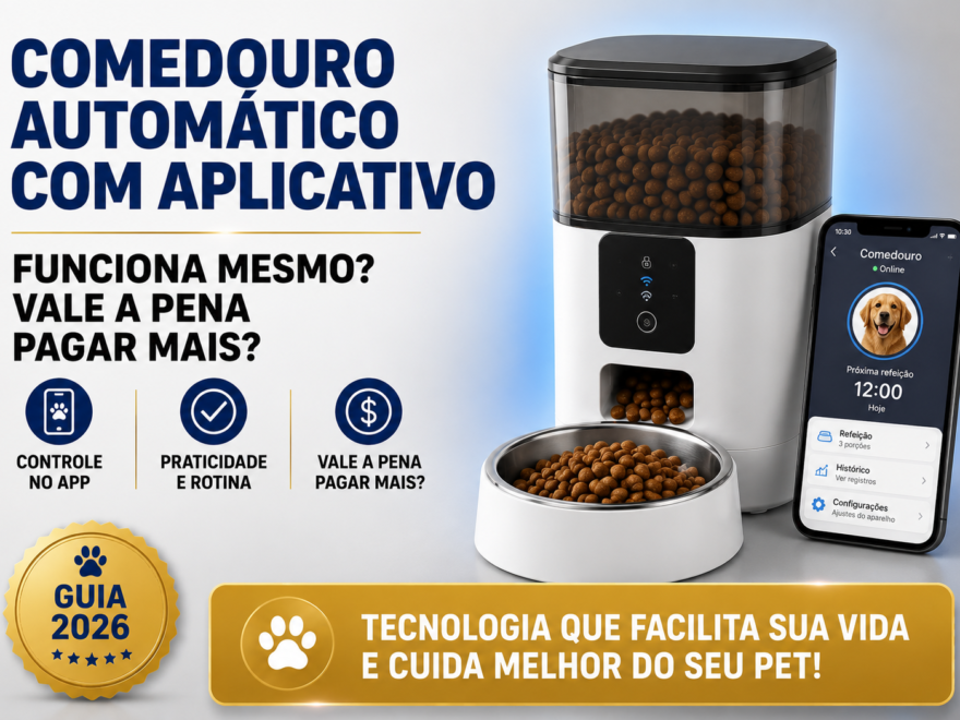 Comedouro automático com aplicativo mostrando controle pelo celular, programação de refeições e recursos inteligentes para cães e gatos.