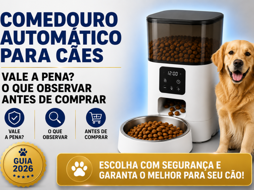 Comedouro automático para cães mostrando recursos importantes para avaliar antes da compra, como capacidade, programação de refeições, praticidade e custo-benefício.